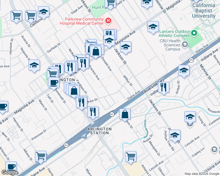 map of restaurants, bars, coffee shops, grocery stores, and more near 3625 Everest Avenue in Riverside