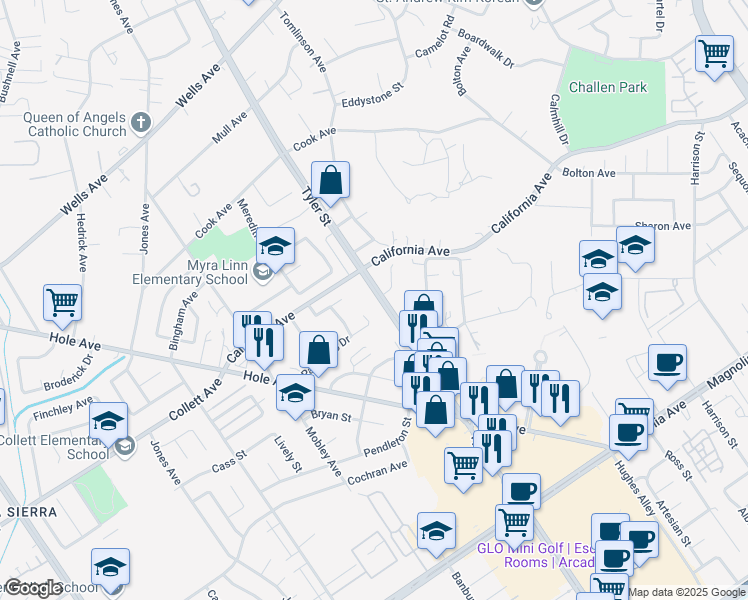 map of restaurants, bars, coffee shops, grocery stores, and more near 4290 Tyler Street in Riverside