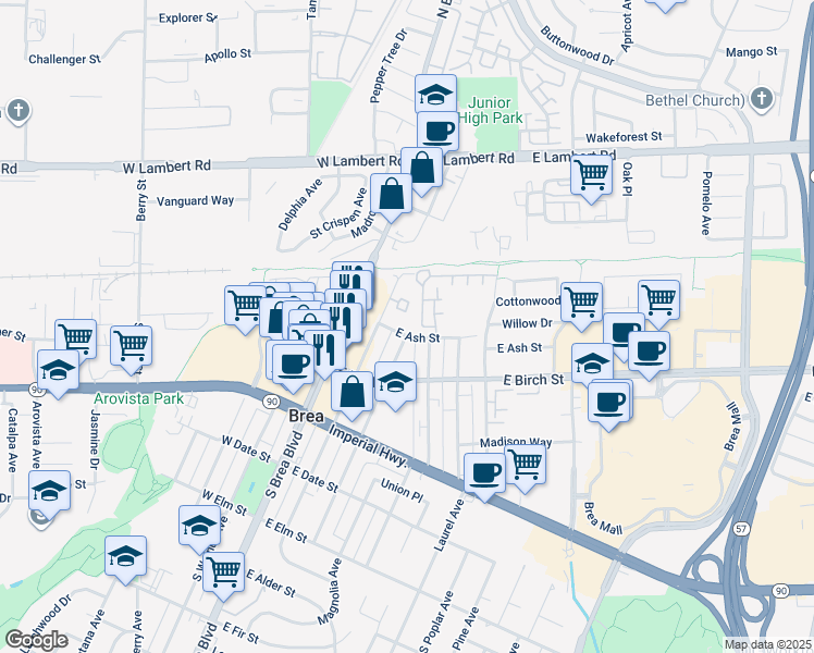 map of restaurants, bars, coffee shops, grocery stores, and more near 202 East Ash Street in Brea