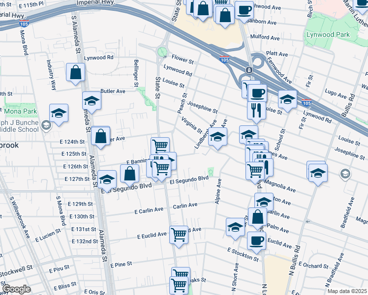 map of restaurants, bars, coffee shops, grocery stores, and more near 11968 Peach Street in Lynwood