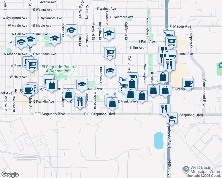 map of restaurants, bars, coffee shops, grocery stores, and more near 1111 East Grand Avenue in El Segundo