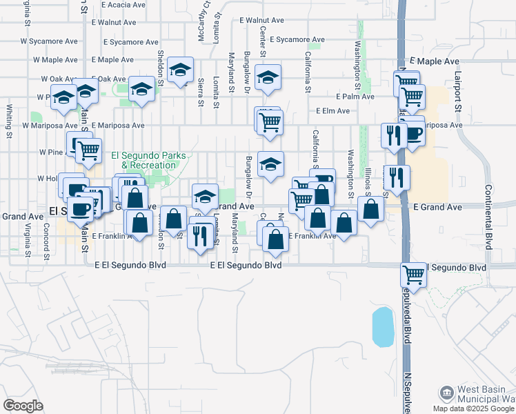 map of restaurants, bars, coffee shops, grocery stores, and more near 1003 East Grand Avenue in El Segundo