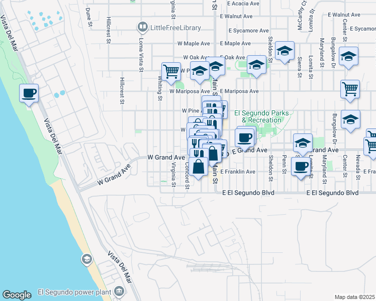 map of restaurants, bars, coffee shops, grocery stores, and more near 314 Virginia Street in El Segundo