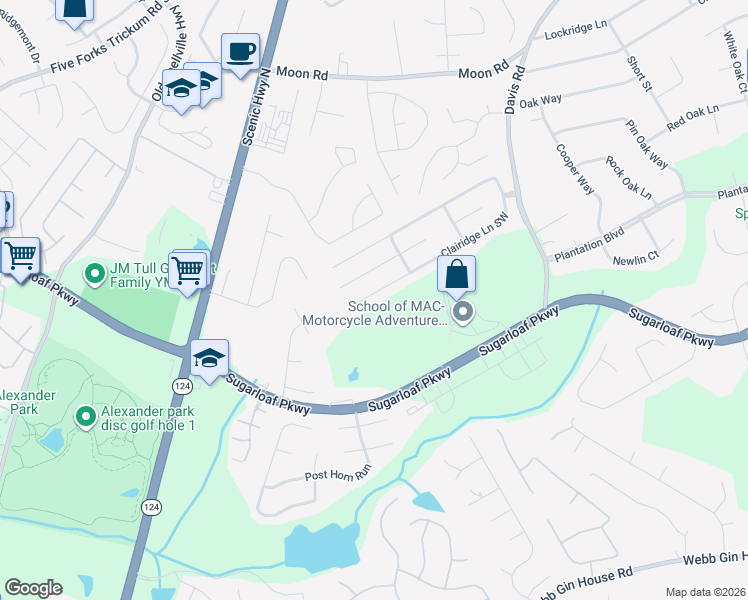 map of restaurants, bars, coffee shops, grocery stores, and more near 130 Clairidge Lane Southwest in Lawrenceville