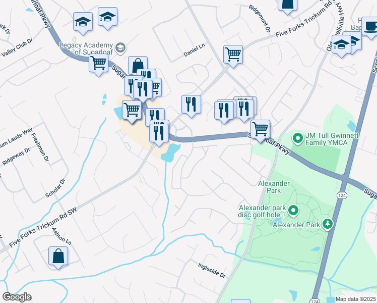 map of restaurants, bars, coffee shops, grocery stores, and more near 905 Downyshire Drive in Lawrenceville