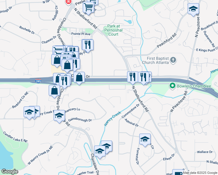 map of restaurants, bars, coffee shops, grocery stores, and more near 1924 Queens Way in Chamblee