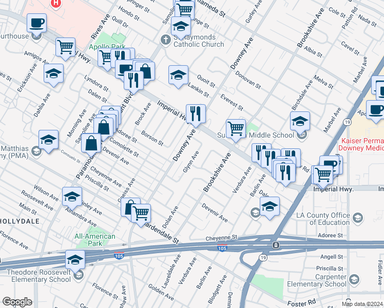 map of restaurants, bars, coffee shops, grocery stores, and more near 12709 Glynn Avenue in Downey