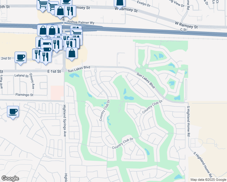 map of restaurants, bars, coffee shops, grocery stores, and more near 723 Torrey Pines Road in Banning