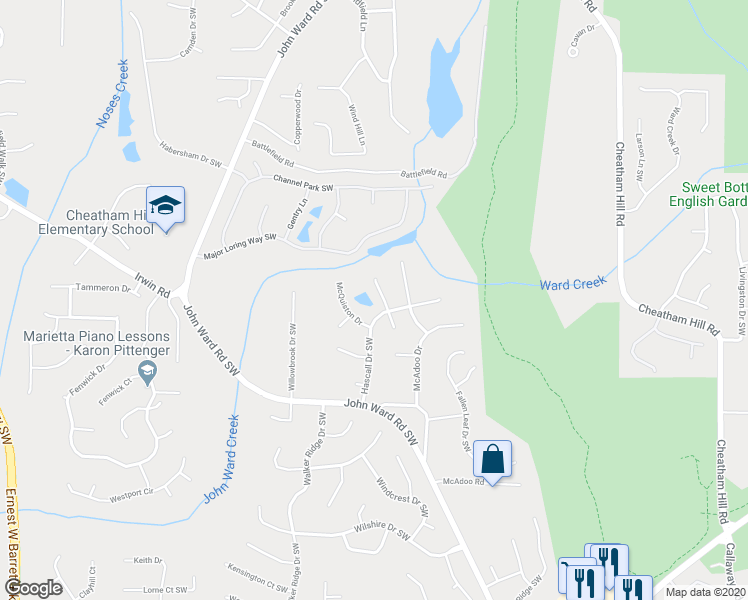 map of restaurants, bars, coffee shops, grocery stores, and more near 1943 Hobson Court Southwest in Marietta