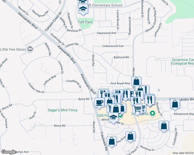 map of restaurants, bars, coffee shops, grocery stores, and more near 136 Sandpoint Lane in Riverside