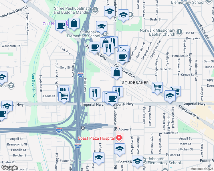 map of restaurants, bars, coffee shops, grocery stores, and more near 12401 Studebaker Road in Norwalk