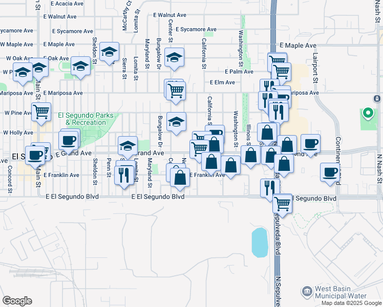 map of restaurants, bars, coffee shops, grocery stores, and more near 1228 East Grand Avenue in El Segundo