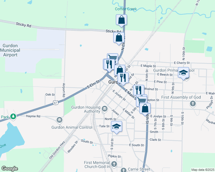 map of restaurants, bars, coffee shops, grocery stores, and more near S Front St & W Joslyn St in Gurdon