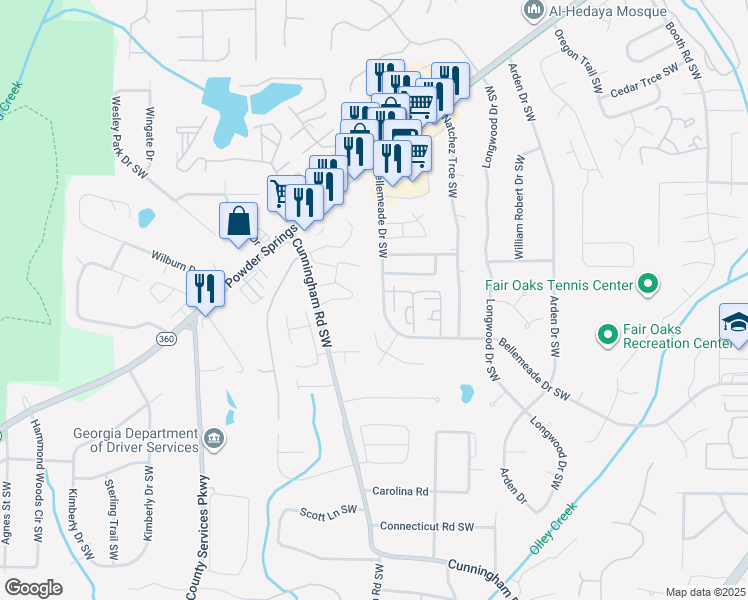 map of restaurants, bars, coffee shops, grocery stores, and more near 696a Bellemeade Drive Southwest in Marietta
