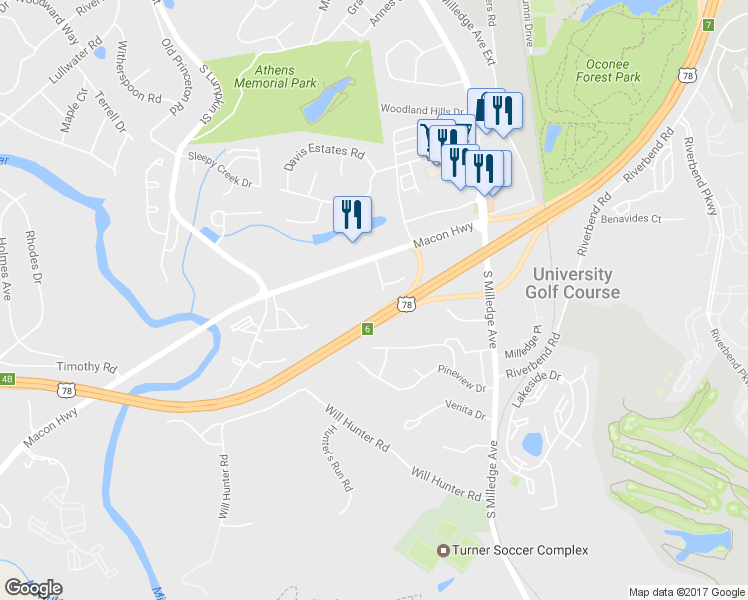 map of restaurants, bars, coffee shops, grocery stores, and more near 150 Garden Lane in Athens