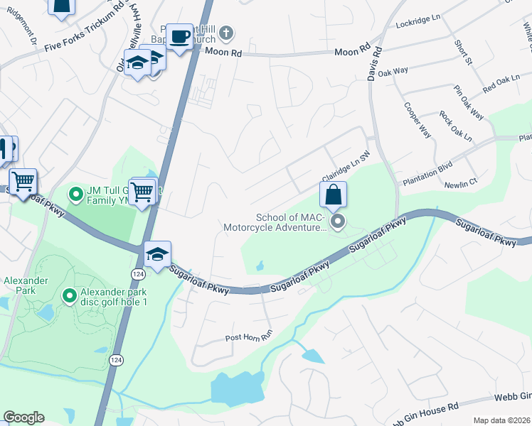 map of restaurants, bars, coffee shops, grocery stores, and more near Clairidge Lane Southwest in Lawrenceville