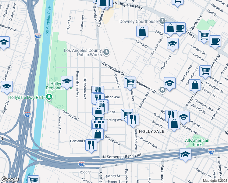 map of restaurants, bars, coffee shops, grocery stores, and more near 5754 McKinley Avenue in South Gate