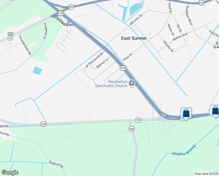 map of restaurants, bars, coffee shops, grocery stores, and more near 1032 Nottingham Drive in Sumter