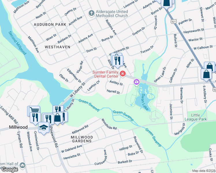 map of restaurants, bars, coffee shops, grocery stores, and more near 24 Ashley Street in Sumter