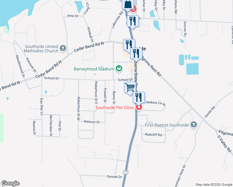 map of restaurants, bars, coffee shops, grocery stores, and more near 2349 Burns Street in Gadsden