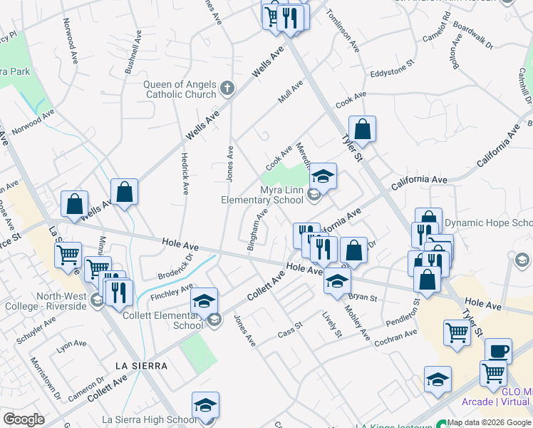 map of restaurants, bars, coffee shops, grocery stores, and more near 10546 Bingham Avenue in Riverside