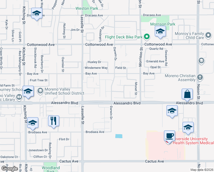 map of restaurants, bars, coffee shops, grocery stores, and more near 13858 Azure Street in Moreno Valley