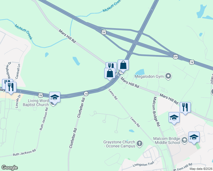 map of restaurants, bars, coffee shops, grocery stores, and more near 2510 Monroe Hwy in Watkinsville