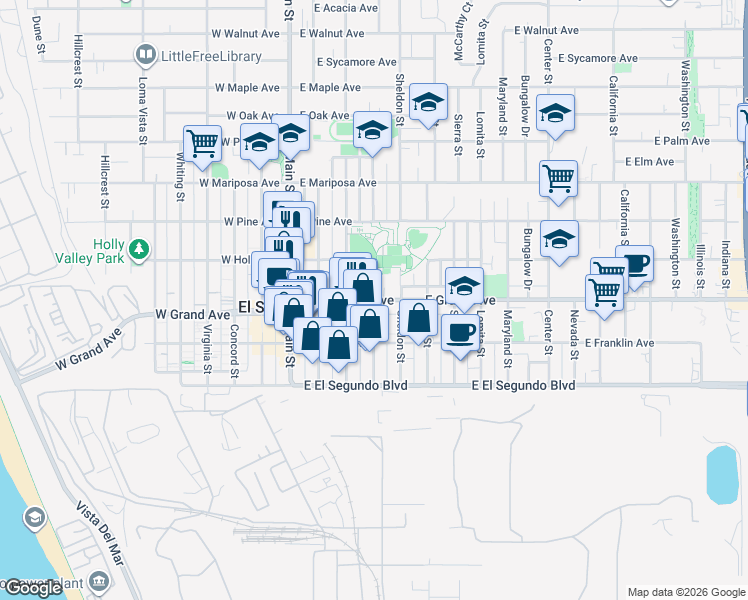 map of restaurants, bars, coffee shops, grocery stores, and more near Arena Street in El Segundo