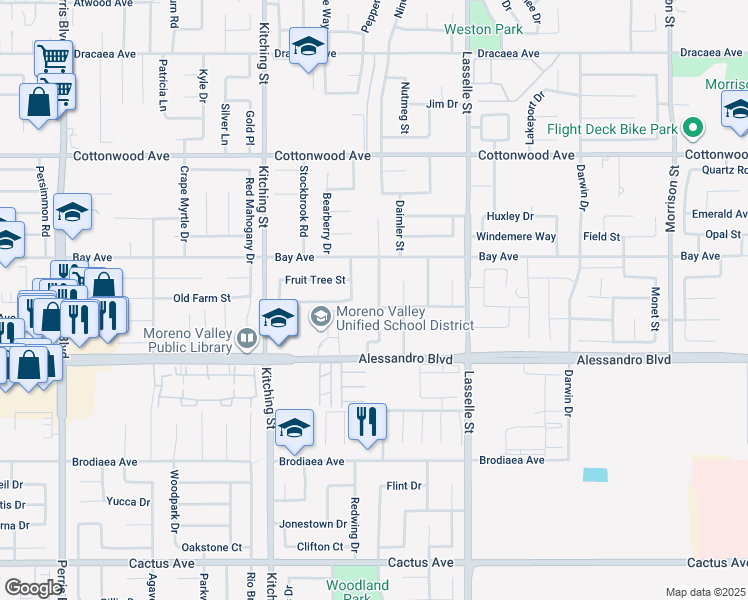 map of restaurants, bars, coffee shops, grocery stores, and more near 25778 Timo Street in Moreno Valley