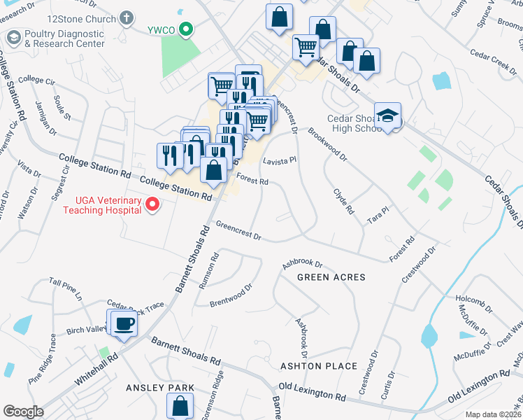 map of restaurants, bars, coffee shops, grocery stores, and more near 146 Brookwood Drive in Athens