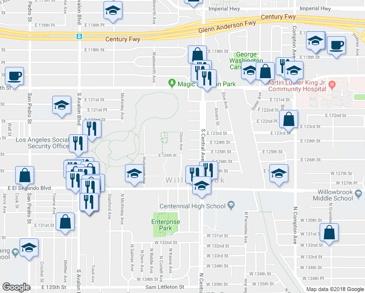 map of restaurants, bars, coffee shops, grocery stores, and more near 12300 Wadsworth Avenue in Los Angeles