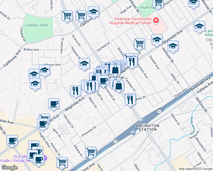 map of restaurants, bars, coffee shops, grocery stores, and more near 9556 Magnolia Avenue in Riverside