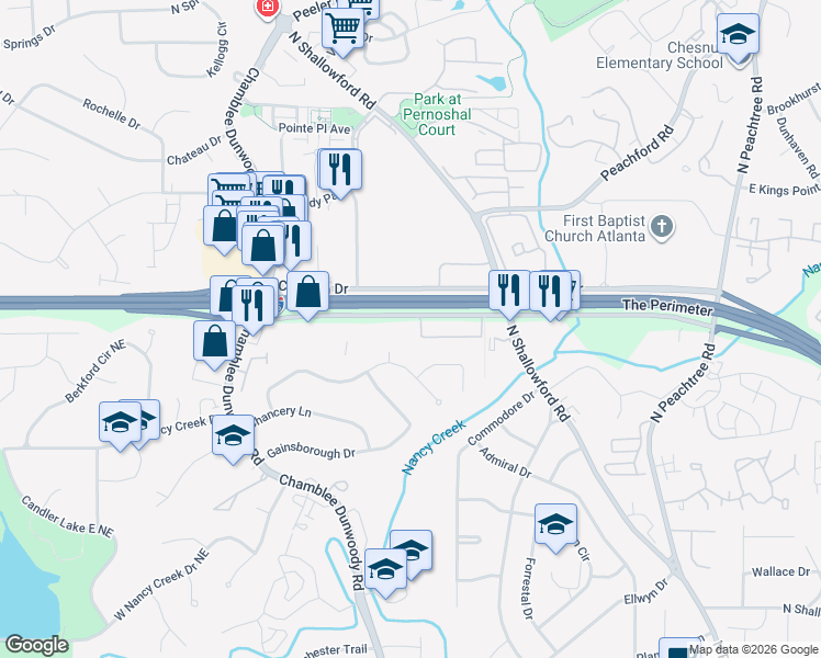 map of restaurants, bars, coffee shops, grocery stores, and more near 1945 Savoy Drive in Atlanta