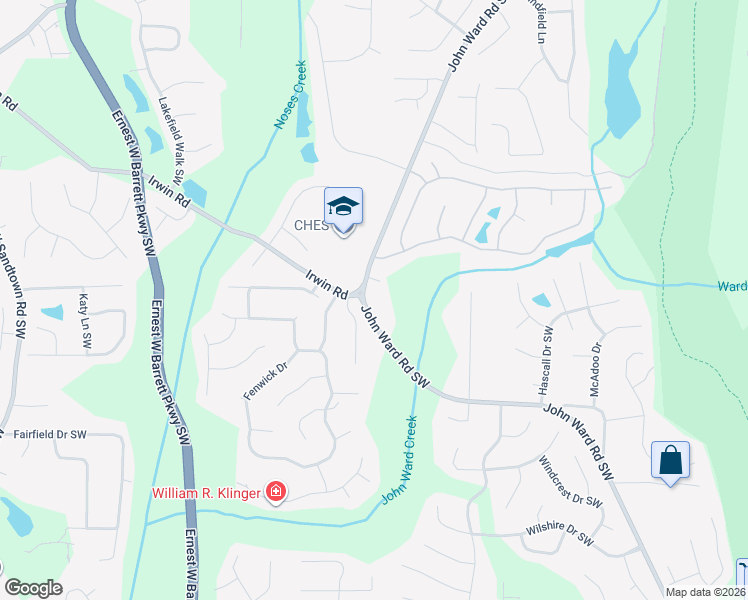 map of restaurants, bars, coffee shops, grocery stores, and more near 1375 John Ward Road Southwest in Marietta