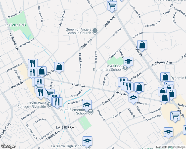 map of restaurants, bars, coffee shops, grocery stores, and more near 4564 Jones Avenue in Riverside