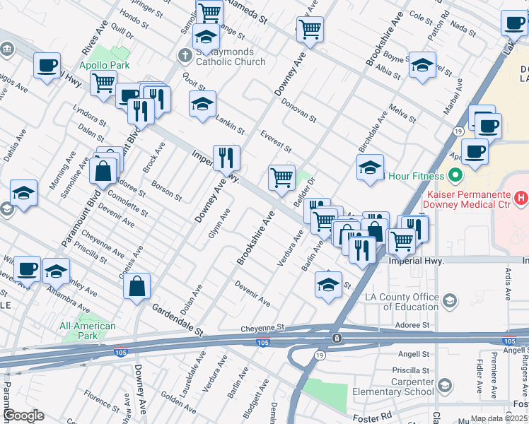 map of restaurants, bars, coffee shops, grocery stores, and more near 8431 Lyndora Street in Downey