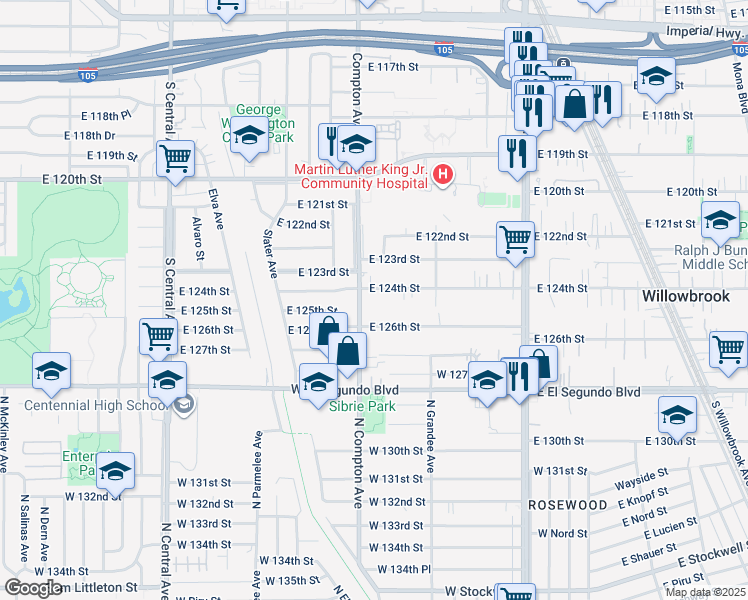 map of restaurants, bars, coffee shops, grocery stores, and more near 1614 East 124th Street in Compton