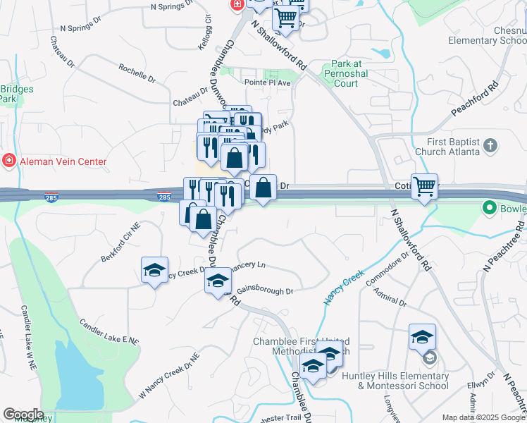 map of restaurants, bars, coffee shops, grocery stores, and more near 1835 Savoy Drive in Atlanta
