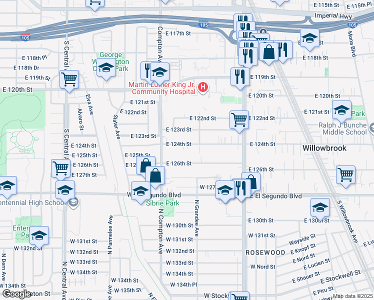 map of restaurants, bars, coffee shops, grocery stores, and more near East 124th Street in Compton