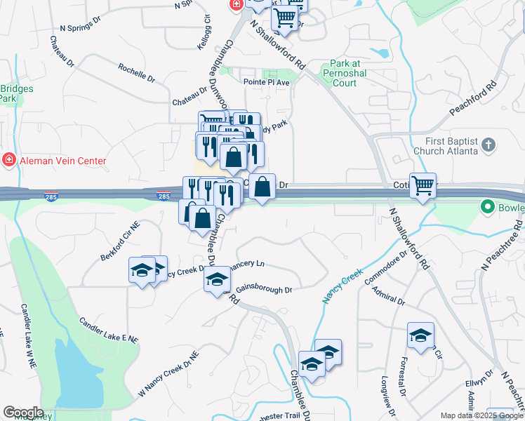 map of restaurants, bars, coffee shops, grocery stores, and more near 1835 Savoy Drive in Atlanta