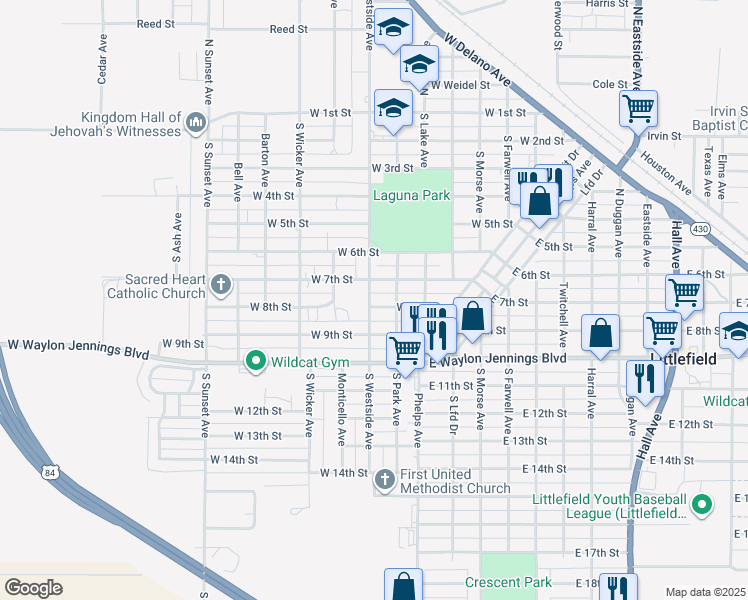 map of restaurants, bars, coffee shops, grocery stores, and more near 805 West 8th Street in Littlefield