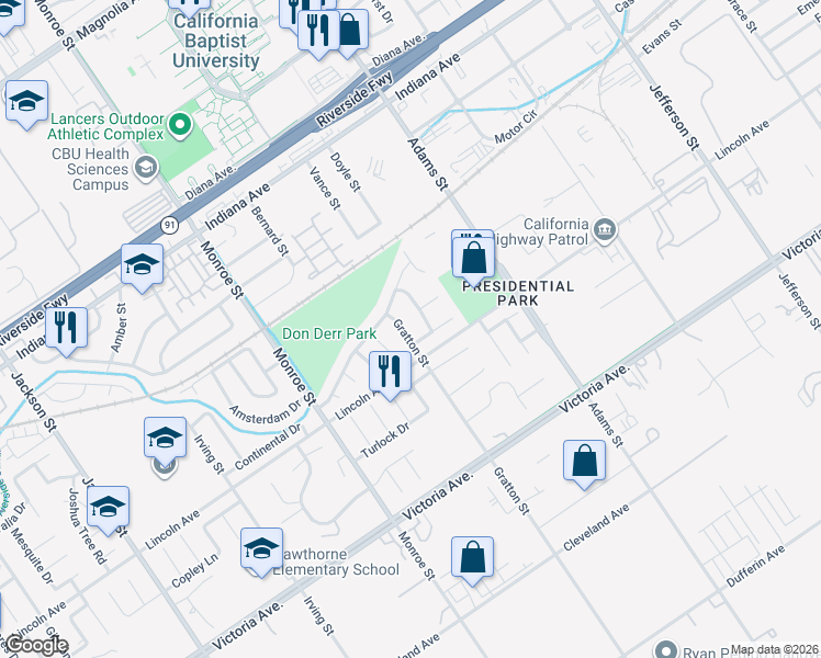 map of restaurants, bars, coffee shops, grocery stores, and more near 2961 Gratton Street in Riverside