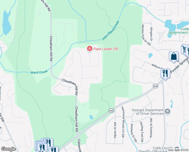 map of restaurants, bars, coffee shops, grocery stores, and more near 1452 Bailey Farm Drive Southwest in Marietta