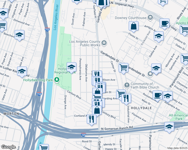 map of restaurants, bars, coffee shops, grocery stores, and more near 5650 McKinley Avenue in South Gate