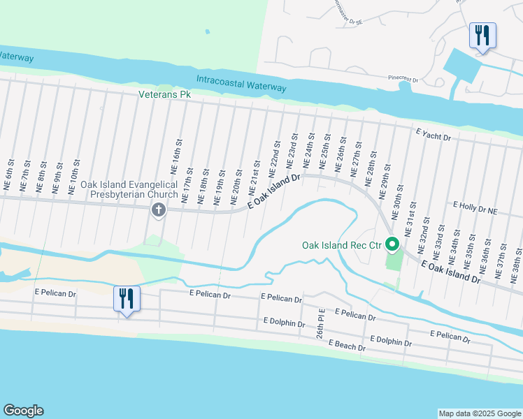 map of restaurants, bars, coffee shops, grocery stores, and more near 2107 East Oak Island Drive in Oak Island
