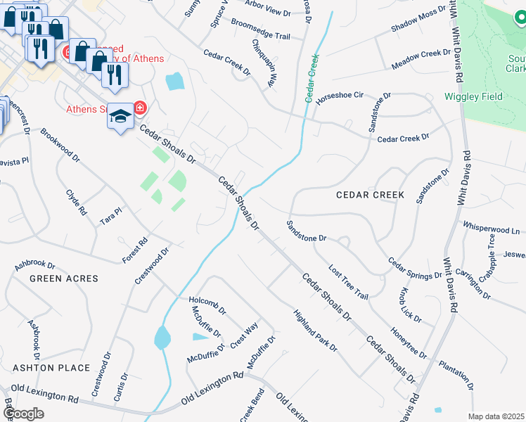 map of restaurants, bars, coffee shops, grocery stores, and more near 130 Cedar Springs Drive in Athens
