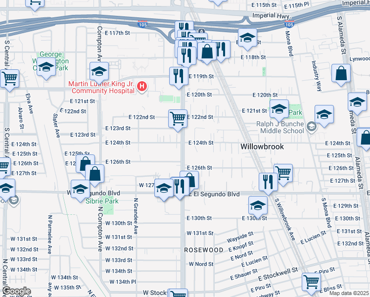 map of restaurants, bars, coffee shops, grocery stores, and more near 12414 Wilmington Avenue in Compton