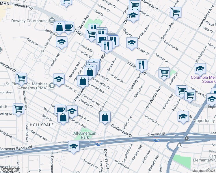 map of restaurants, bars, coffee shops, grocery stores, and more near 8127 Comolette Street in Downey