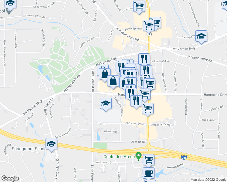 map of restaurants, bars, coffee shops, grocery stores, and more near 6021 Sandy Springs Circle in Atlanta