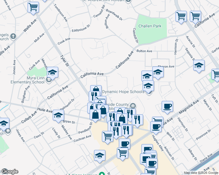 map of restaurants, bars, coffee shops, grocery stores, and more near 4145 Mariposa Ave in Riverside